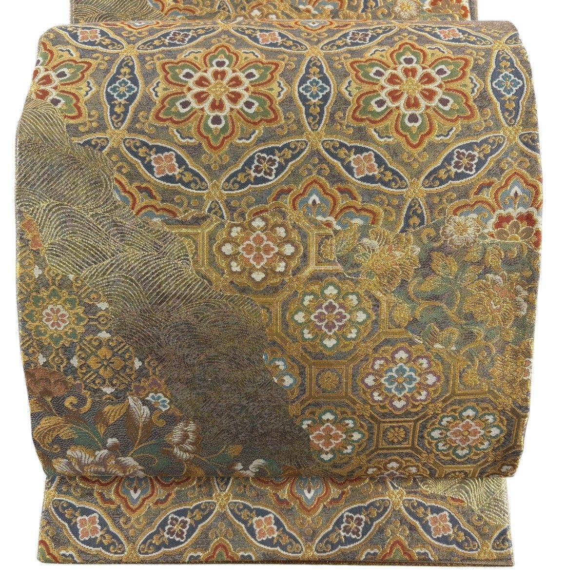 【美品】 袋帯 秀品 蜀江文 波 金糸 箔 金色 六通 正絹 【中古】