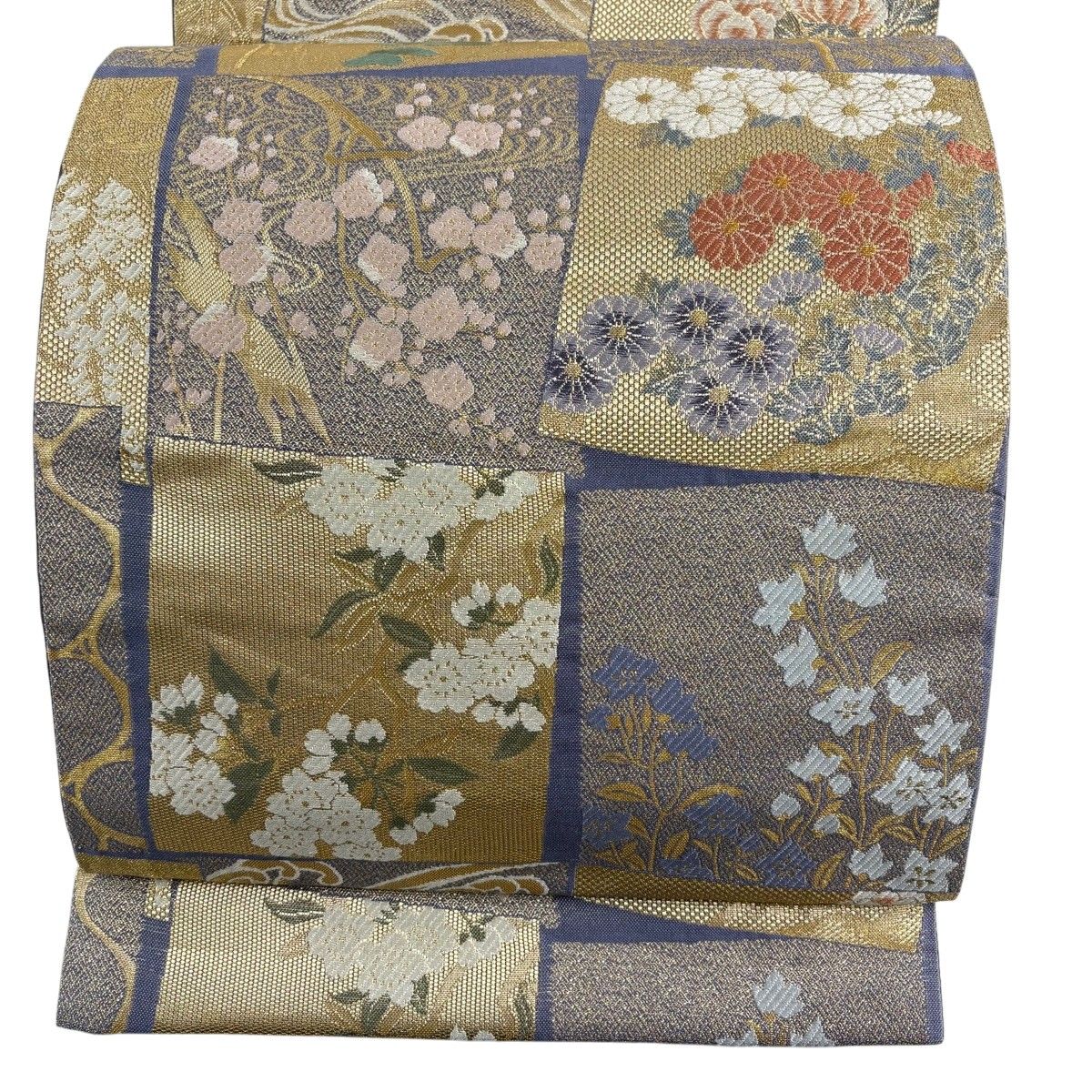 【美品】 袋帯 秀品 松梅 菊 金糸 箔 青紫 六通 正絹 【中古】 6,958円