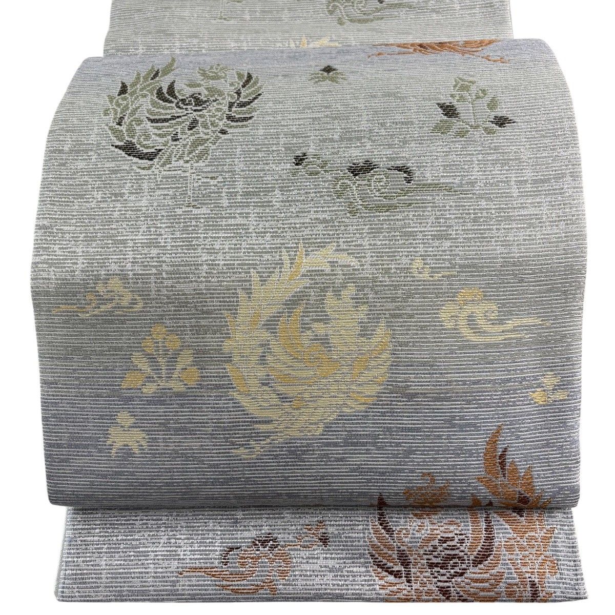 【美品】 袋帯 秀品 鳳凰 草花 青灰色 六通 正絹 【中古】