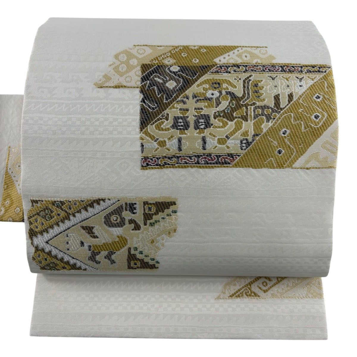 【美品】 名古屋帯 秀品 動物 幾何学 金糸 クリーム 正絹 【中古】