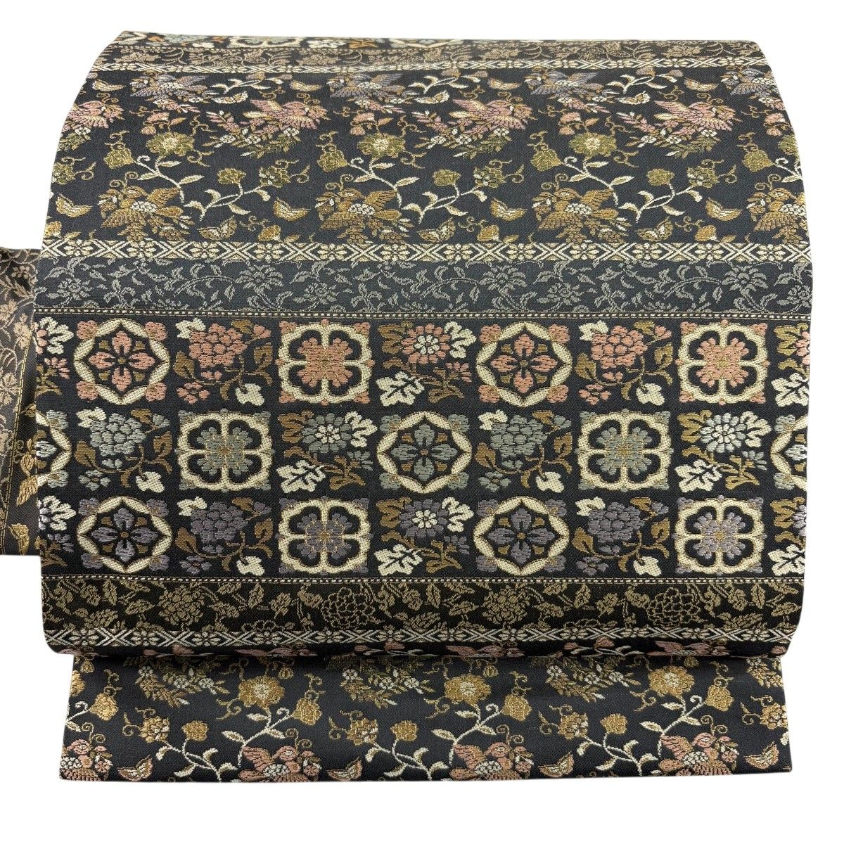 【美品】 名古屋帯 秀品 西陣織 全通織 花喰い鳥 華文 箔 黒灰 正絹 【中古】