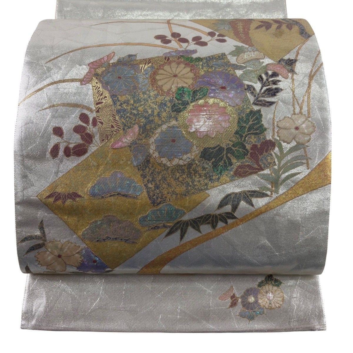 【美品】 袋帯 秀品 色紙 草花 螺鈿箔 箔 銀色 お太鼓柄 正絹 【中古】