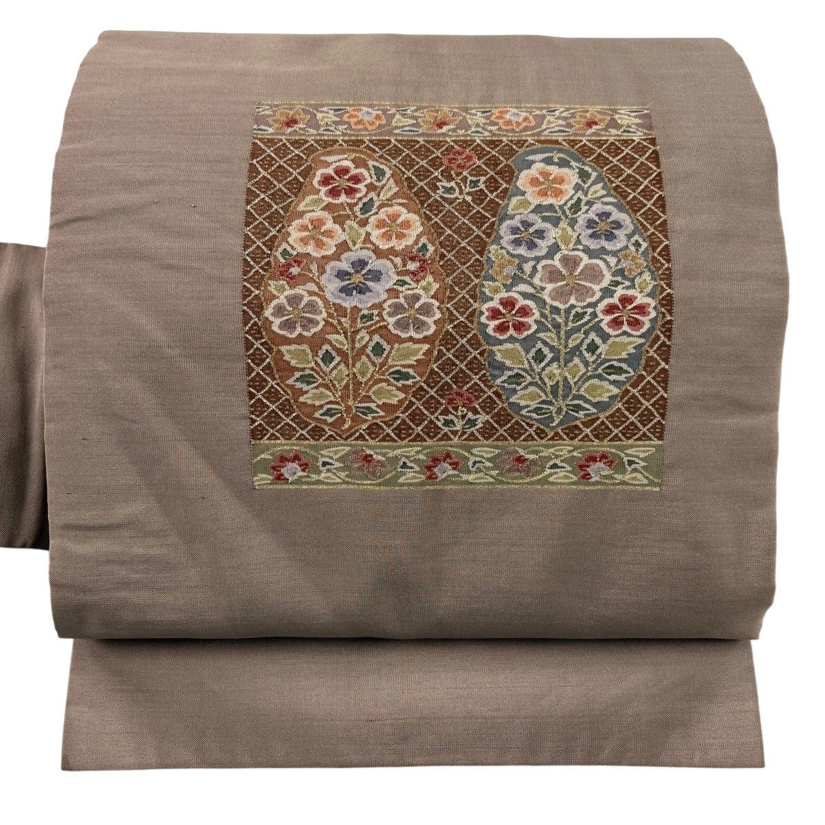 名古屋帯 秀品 草花 箔 灰茶 正絹 【中古】