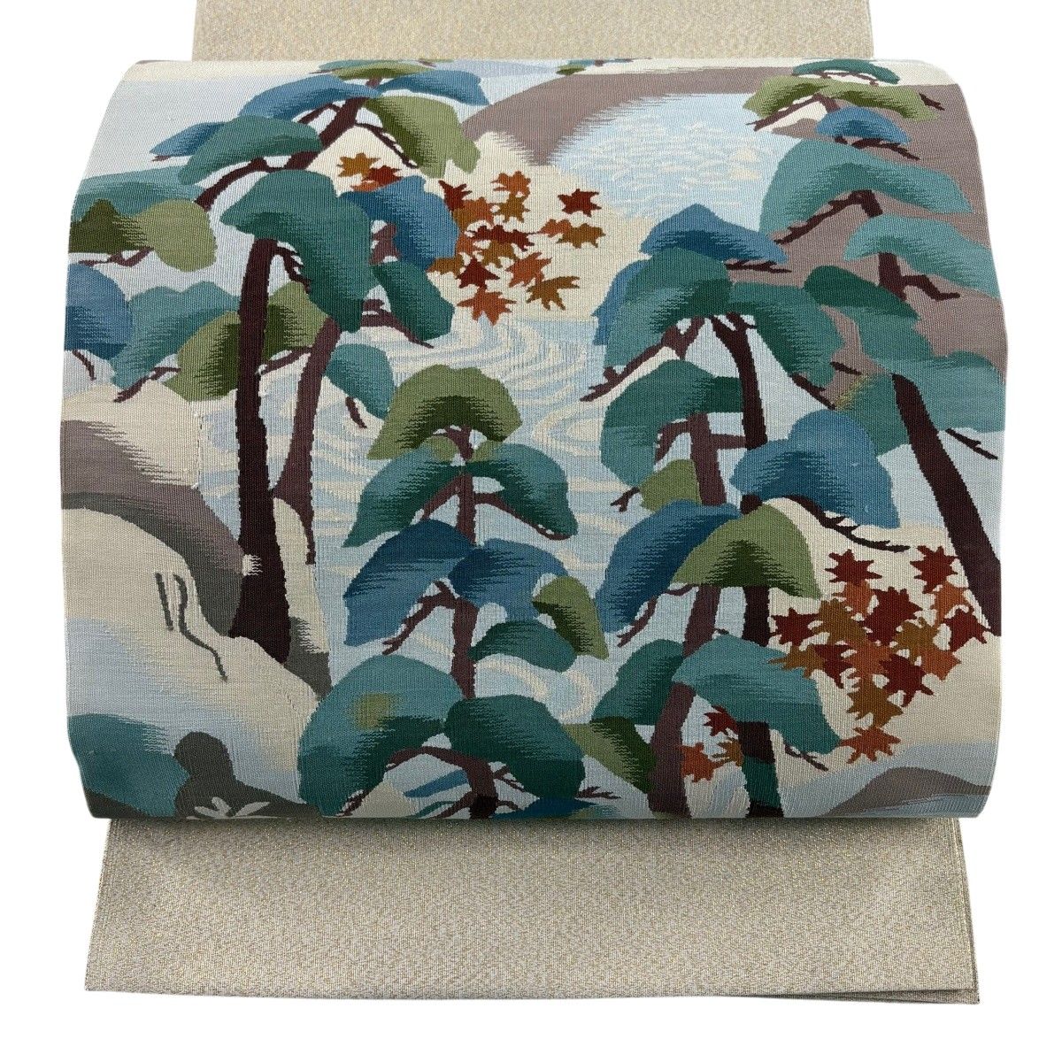 【美品】 袋帯 秀品 風景 松 金糸 ベージュ お太鼓柄 正絹 【中古】