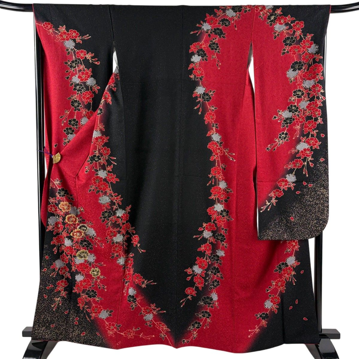 振袖 身丈164cm 裄丈67cm M 袷 桜 疋田柄 銀通し 箔 赤 正絹 名品 【中古】