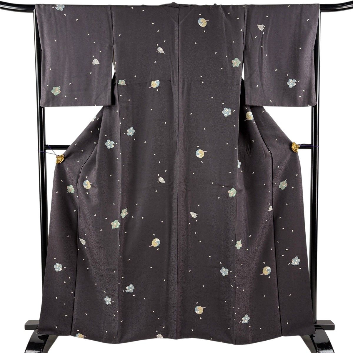 小紋 身丈164.5cm 裄丈65cm M 袷 桜 花びら 黒灰 正絹 名品 【中古】
