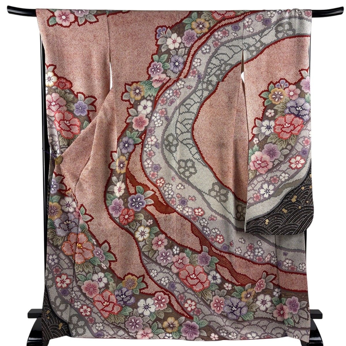 振袖 身丈168cm 裄丈68cm L 袷 草花 流水 絞り 金糸 赤茶 正絹 名品 【中古】