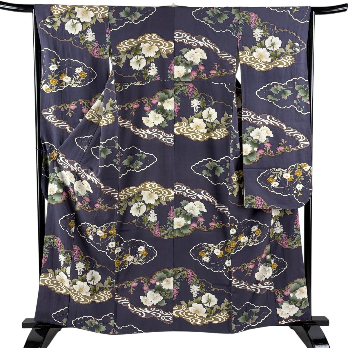 【美品】 振袖 身丈160cm 裄丈65cm M 袷 草花 雲文 金彩 灰紫 正絹 名品 【中古】