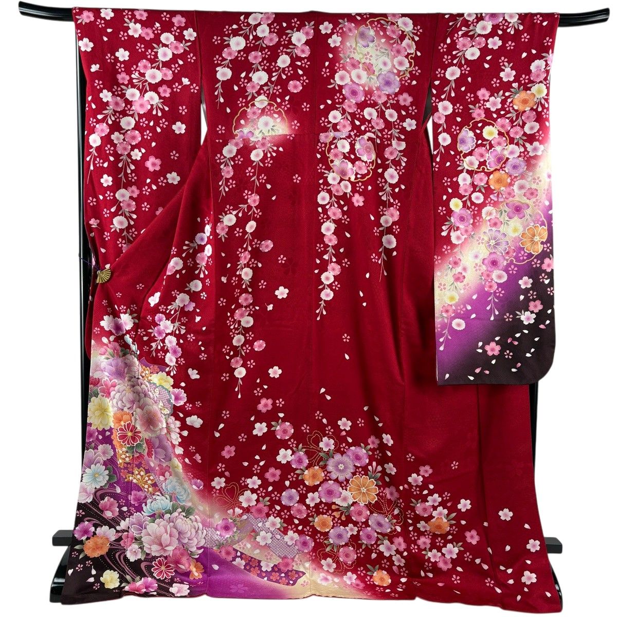 【美品】 振袖 身丈175cm 裄丈69cm L 袷 草花 蝶 金糸 金彩 赤 正絹 名品 【中古】