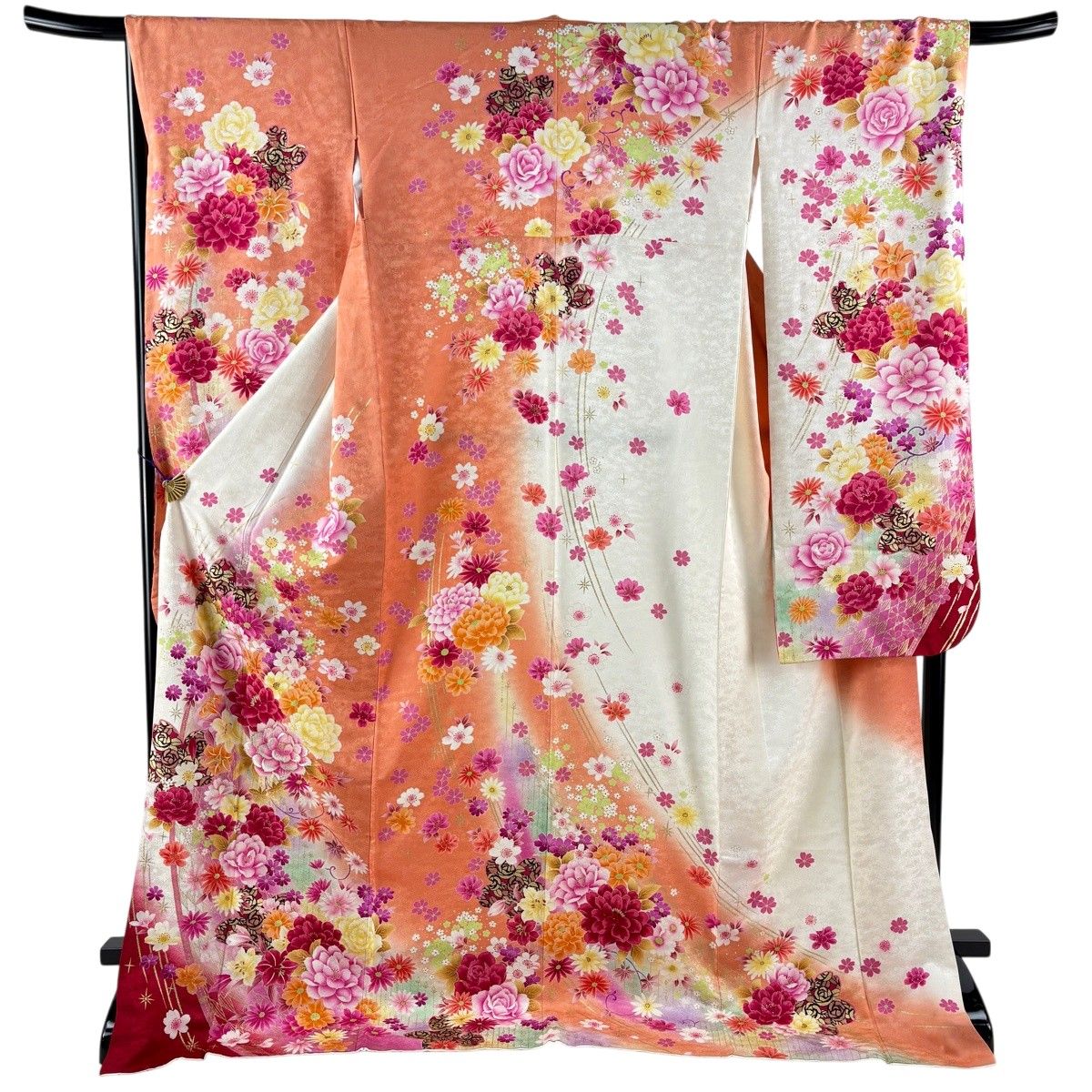 【美品】 振袖 身丈178cm 裄丈68cm L 袷 草花 幾何学 ラメ 金彩 薄オレンジ 正絹 名品 【中古】