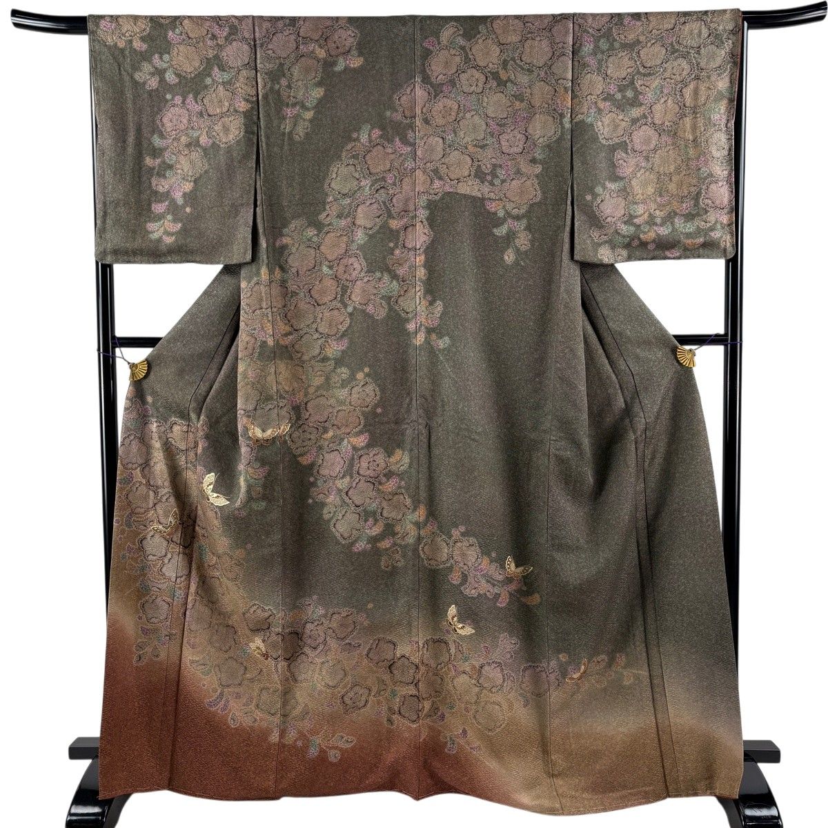 訪問着 身丈166.5cm 裄丈66cm M 袷 辻が花柄 蝶 金糸 金彩 茶緑色 正絹 名品 【中古】