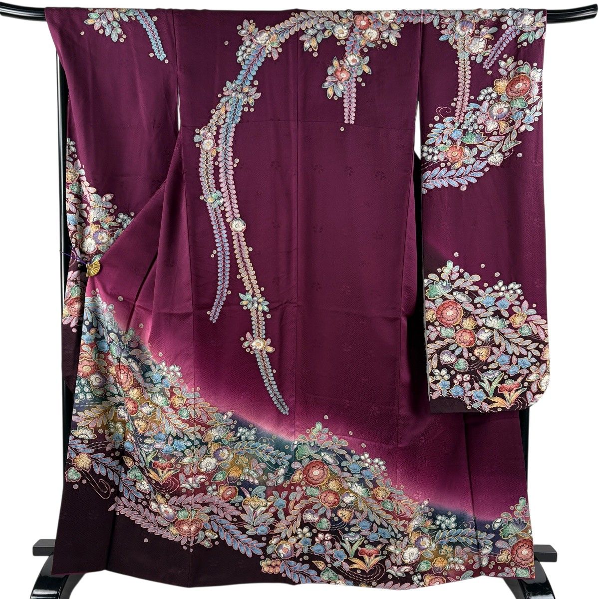 振袖 身丈165.5cm 裄丈68cm L 袷 やまと 草花 金彩 ぼかし 紫 正絹 名品 【中古】