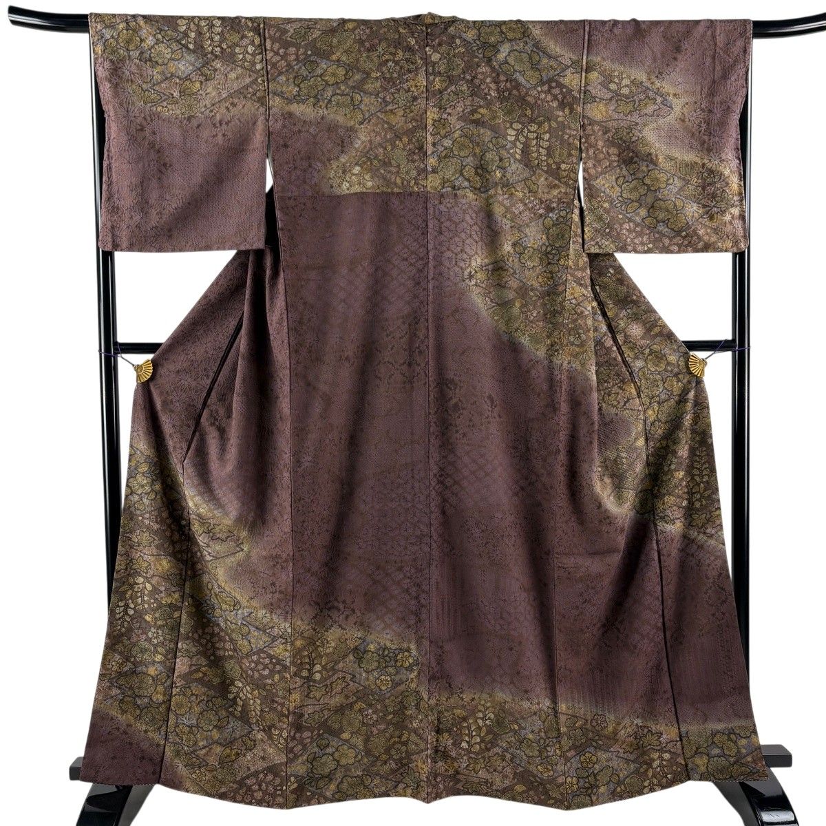 【美品】 訪問着 身丈165cm 裄丈66.5cm M 袷 紬地 椿 草花 ぼかし 茶紫 正絹 名品 【中古】