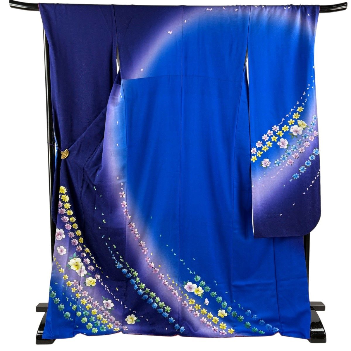 【美品】 振袖 身丈174cm 裄丈70cm L 袷 桜 花弁 金通し ぼかし 青紫 正絹 名品 【中古】