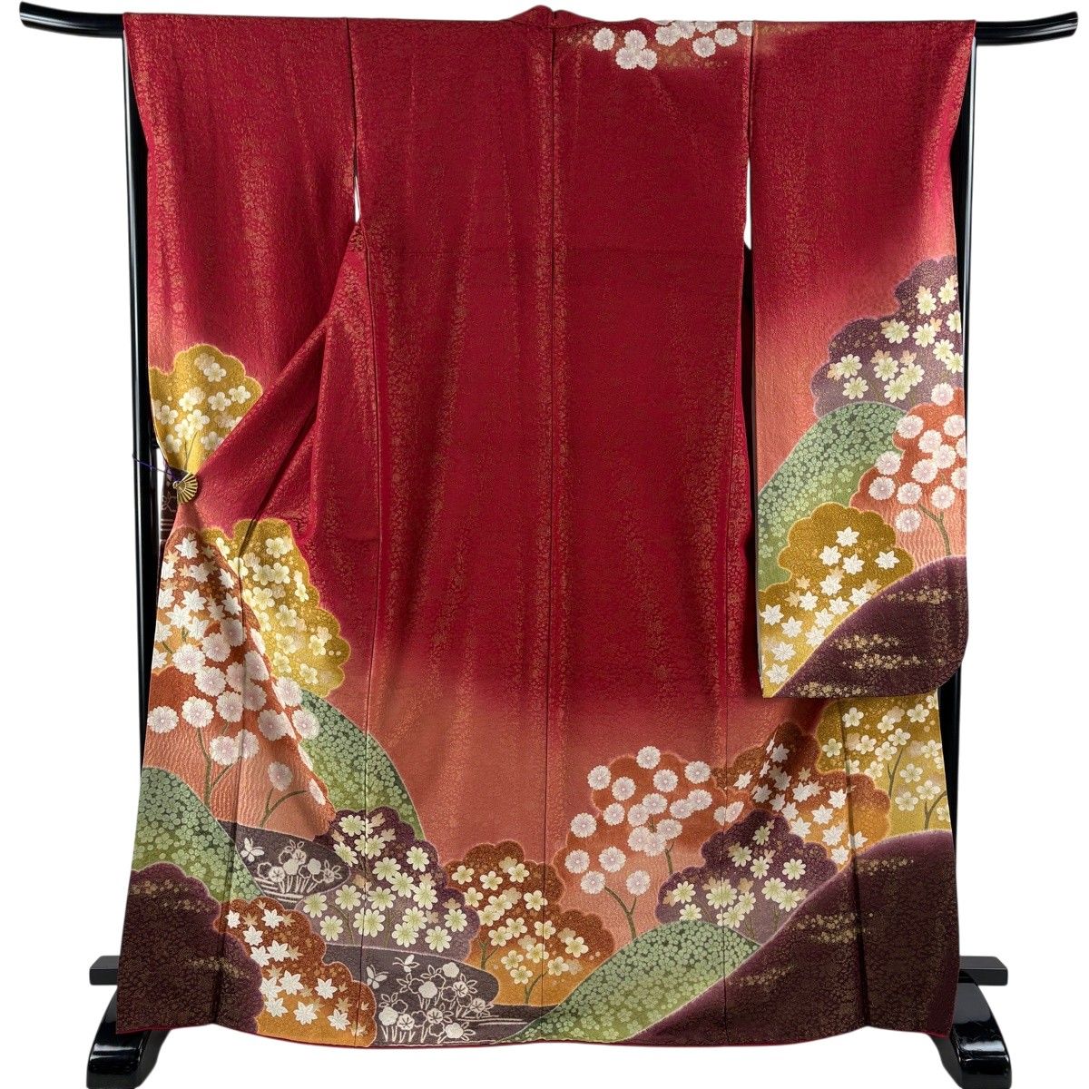 振袖 身丈169.5cm 裄丈67cm M 袷 桜 梅 金通し 絞り 赤 正絹 名品 【中古】