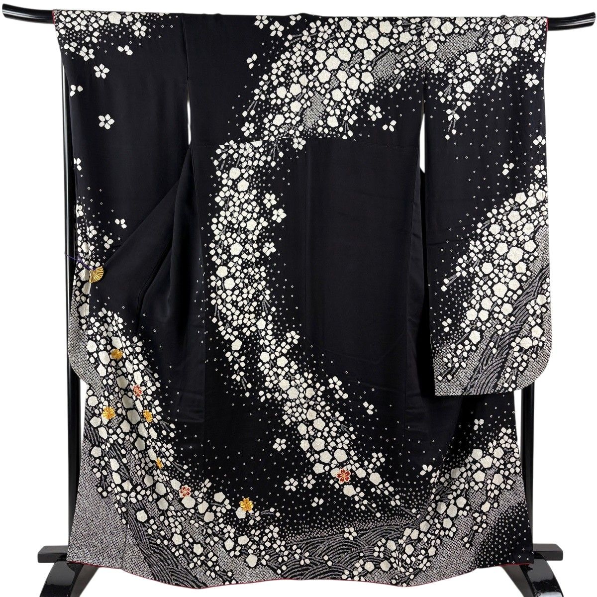 振袖 身丈165cm 裄丈69cm L 袷 桜 波 絞り 金糸 黒 正絹 名品 【中古】