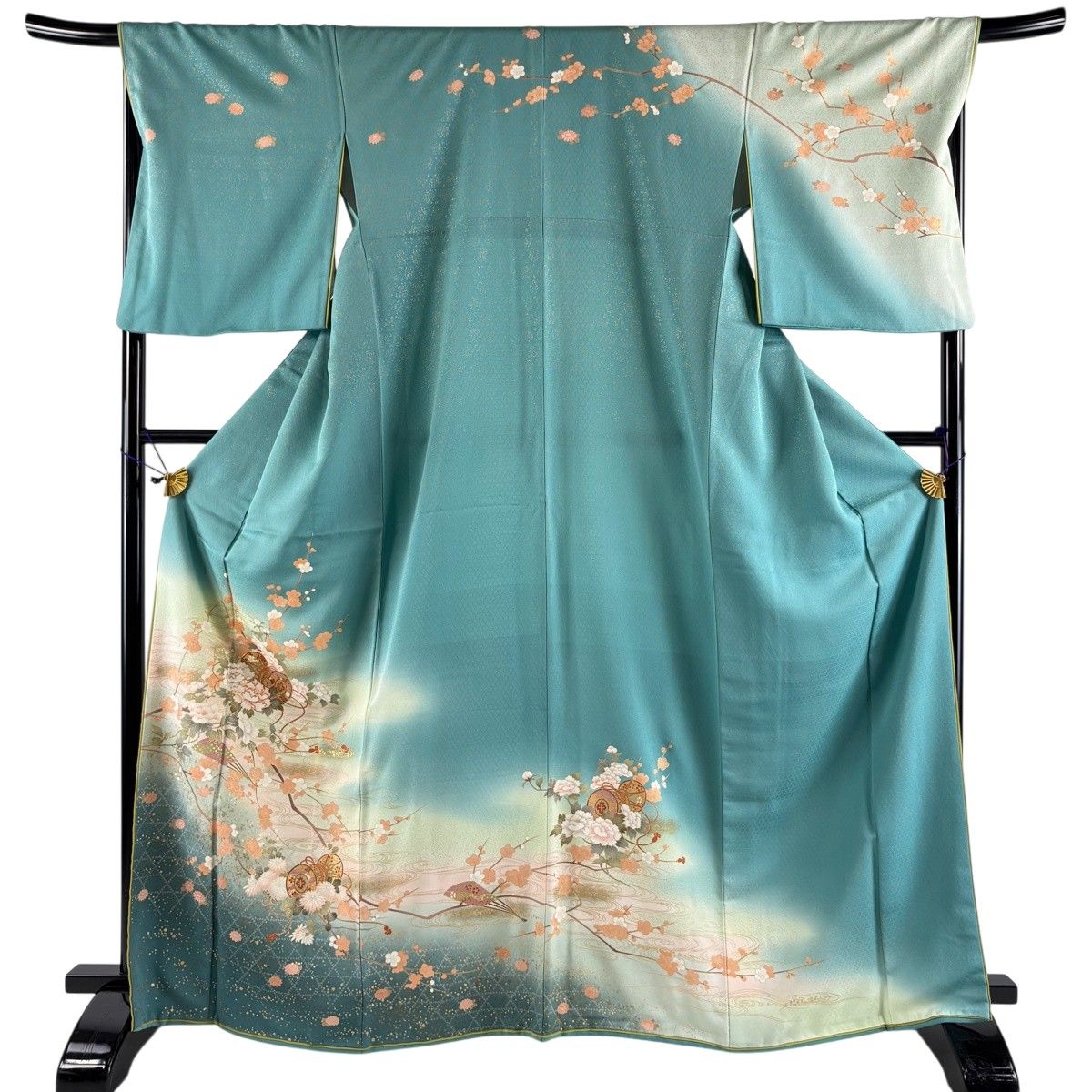 訪問着 身丈165cm 裄丈67.5cm L 袷 やまと 鼓 牡丹 金糸 金銀彩 薄青緑 正絹 秀品 【中古】