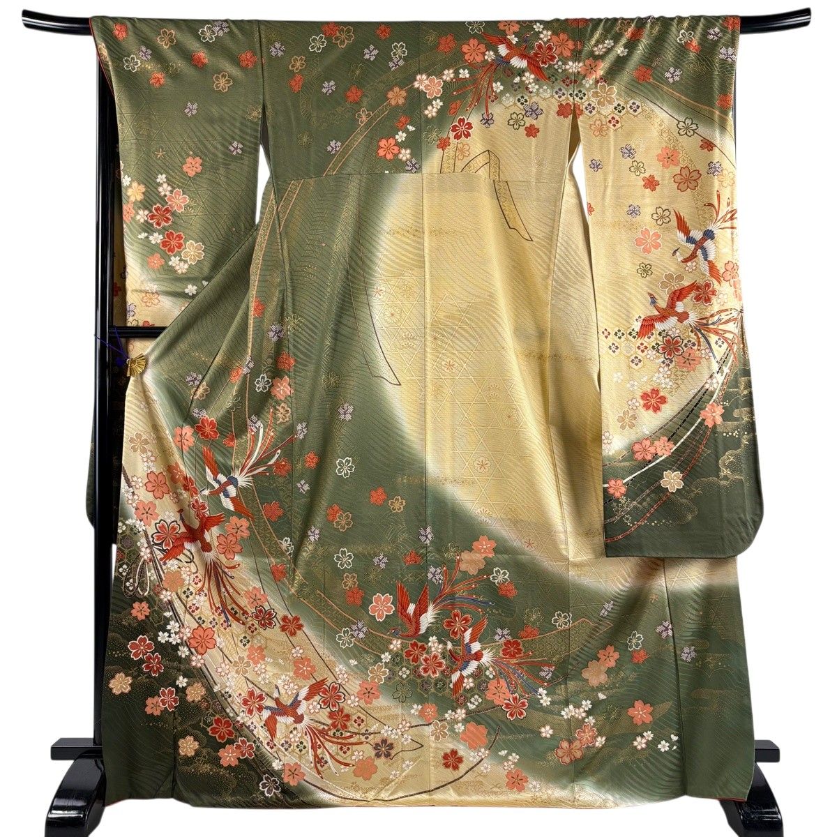 振袖 身丈170.5cm 裄丈67.5cm L 袷 尾長鳥 桜 金彩 ぼかし 茶緑色 正絹 秀品 【中古】