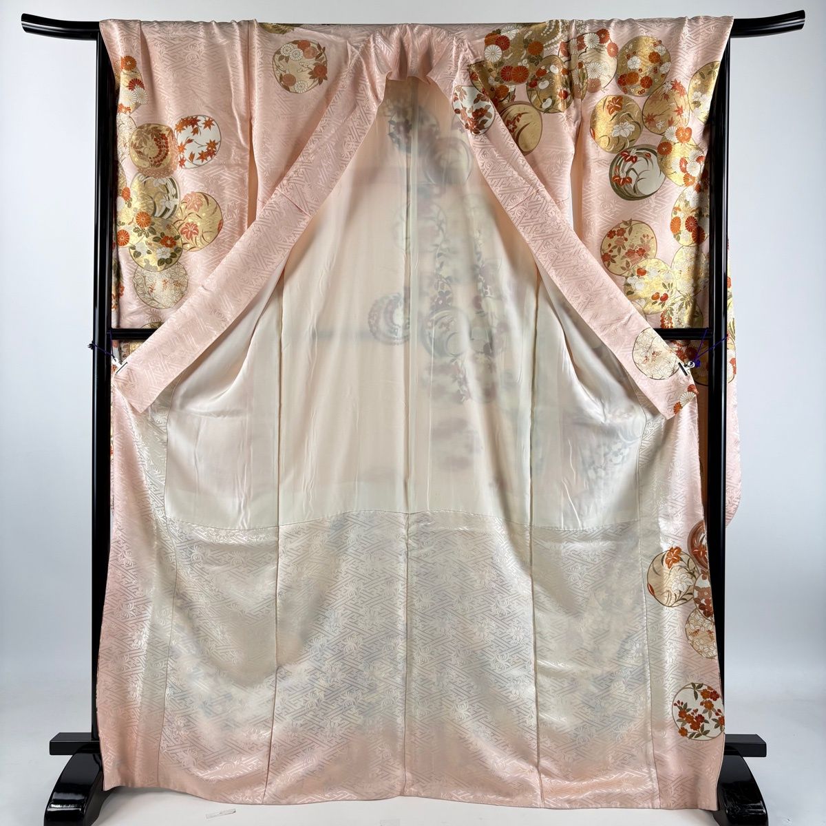 振袖 身丈169cm 裄丈69.5cm L 袷 花丸文 地紋 金糸 金彩 薄ピンク 正絹 