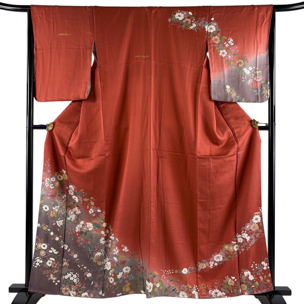 訪問着 身丈160.5cm 裄丈65.5cm M 袷 草花 尾長鳥 金彩 ぼかし 赤茶 正絹 秀品 【中古】