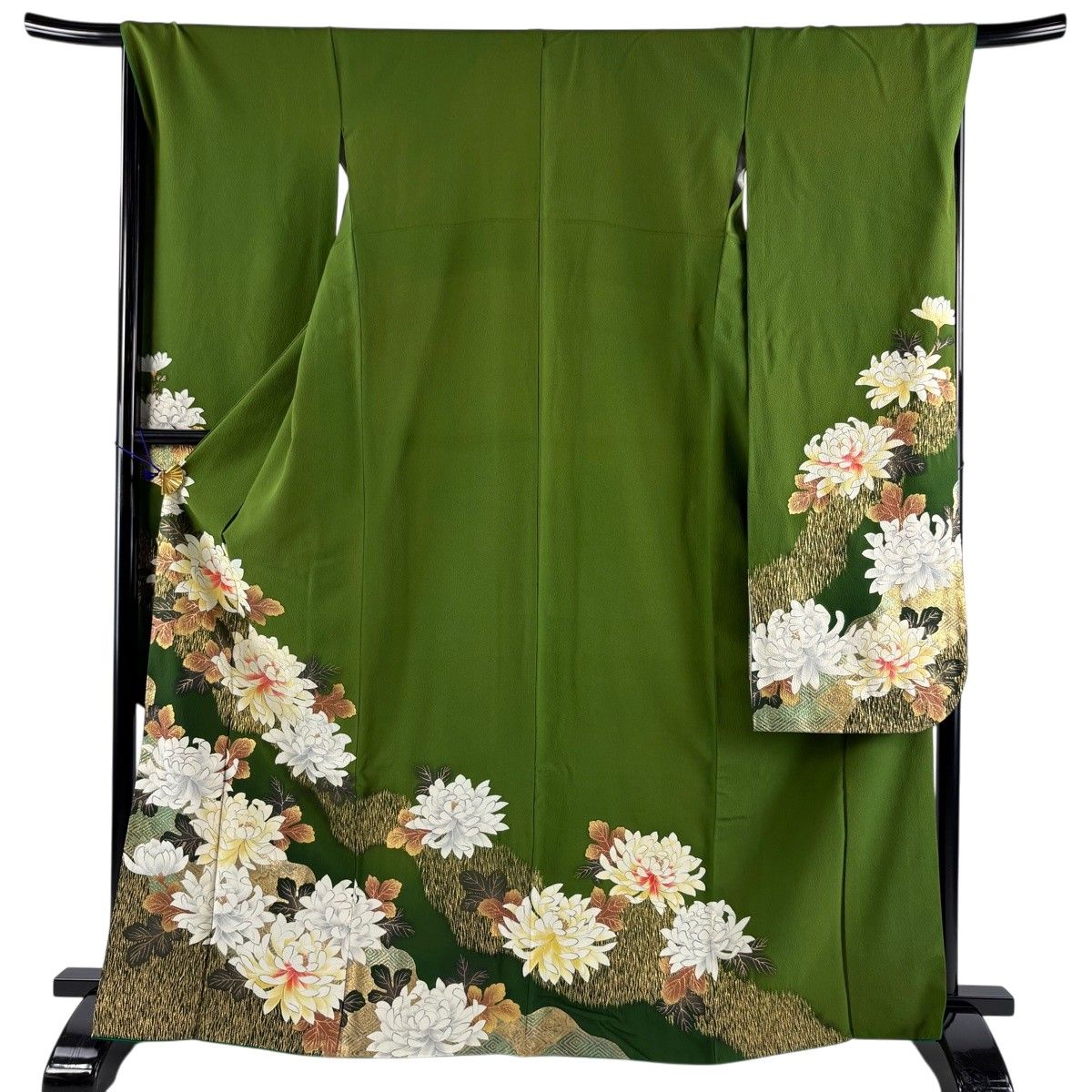 振袖 身丈167cm 裄丈68cm L 袷 菊 入子菱 金彩 よもぎ色 正絹 秀品 【中古】