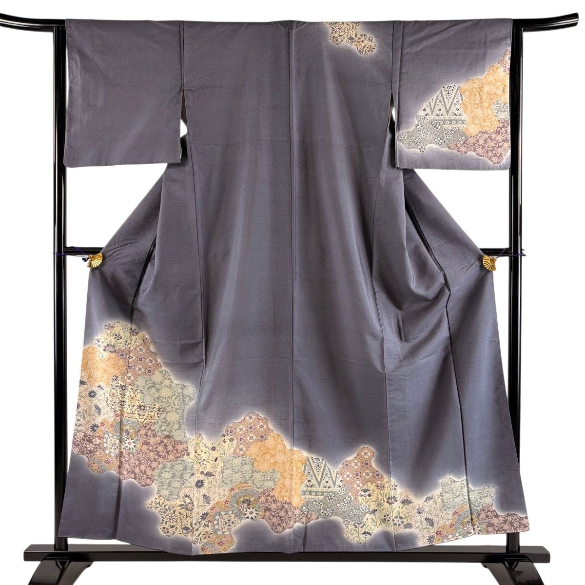 訪問着 身丈156cm 裄丈63cm S 袷 紬地 器物 草花 金彩 ぼかし 灰紫 正絹 秀品 【中古】