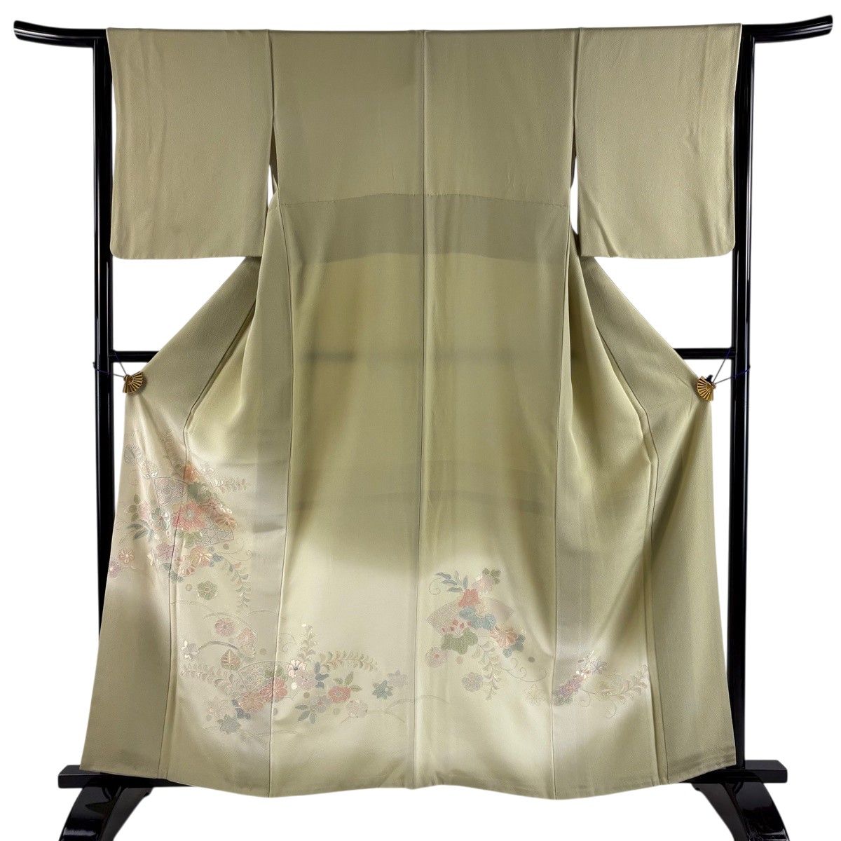 【美品】 付下げ 身丈160cm 裄丈65cm M 袷 扇面 草花 刺繍 ぼかし 抹茶色 正絹 秀品 【中古】