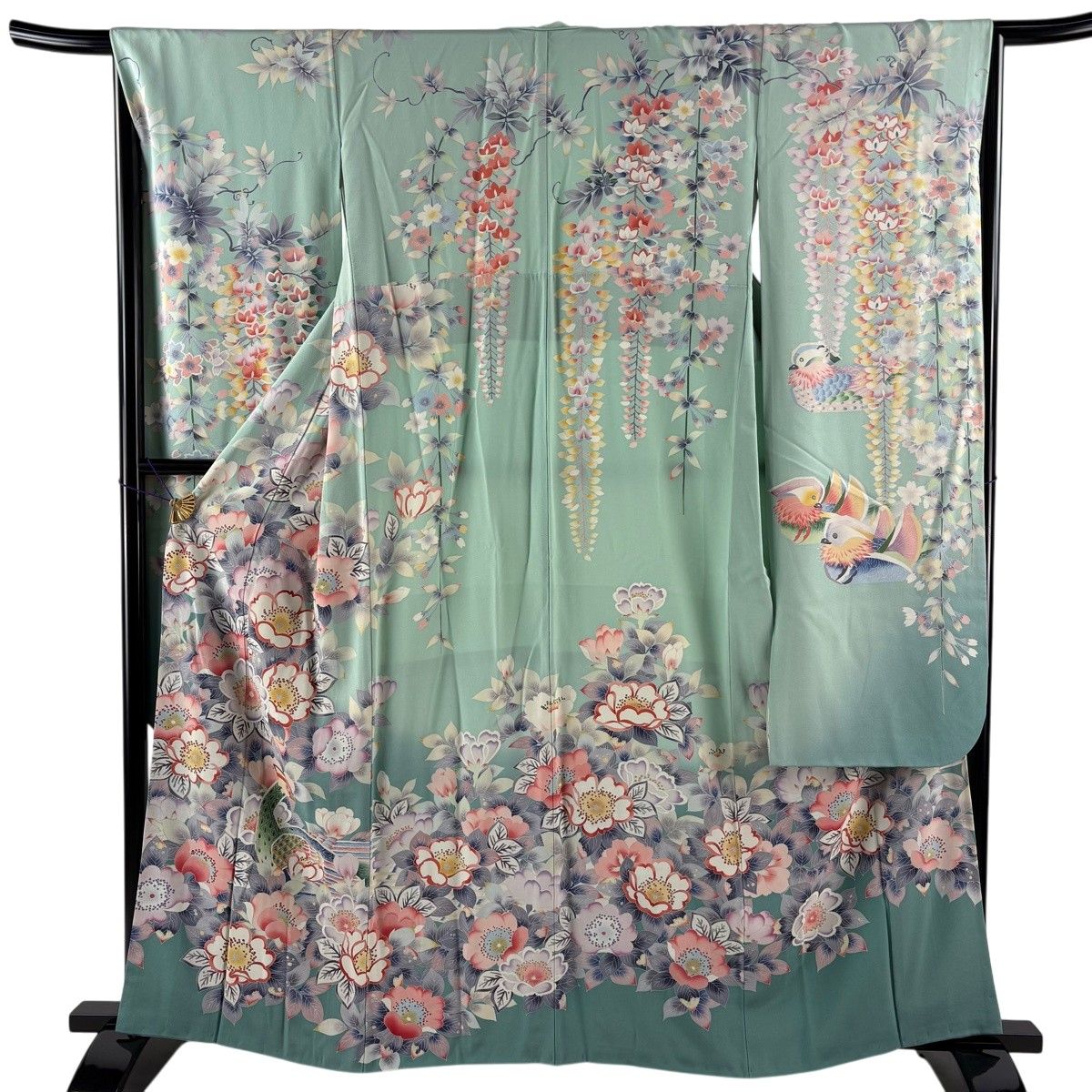 振袖 身丈162cm 裄丈67cm M 袷 草花 鳥 染め分け ぼかし 薄緑 正絹 秀品 【中古】