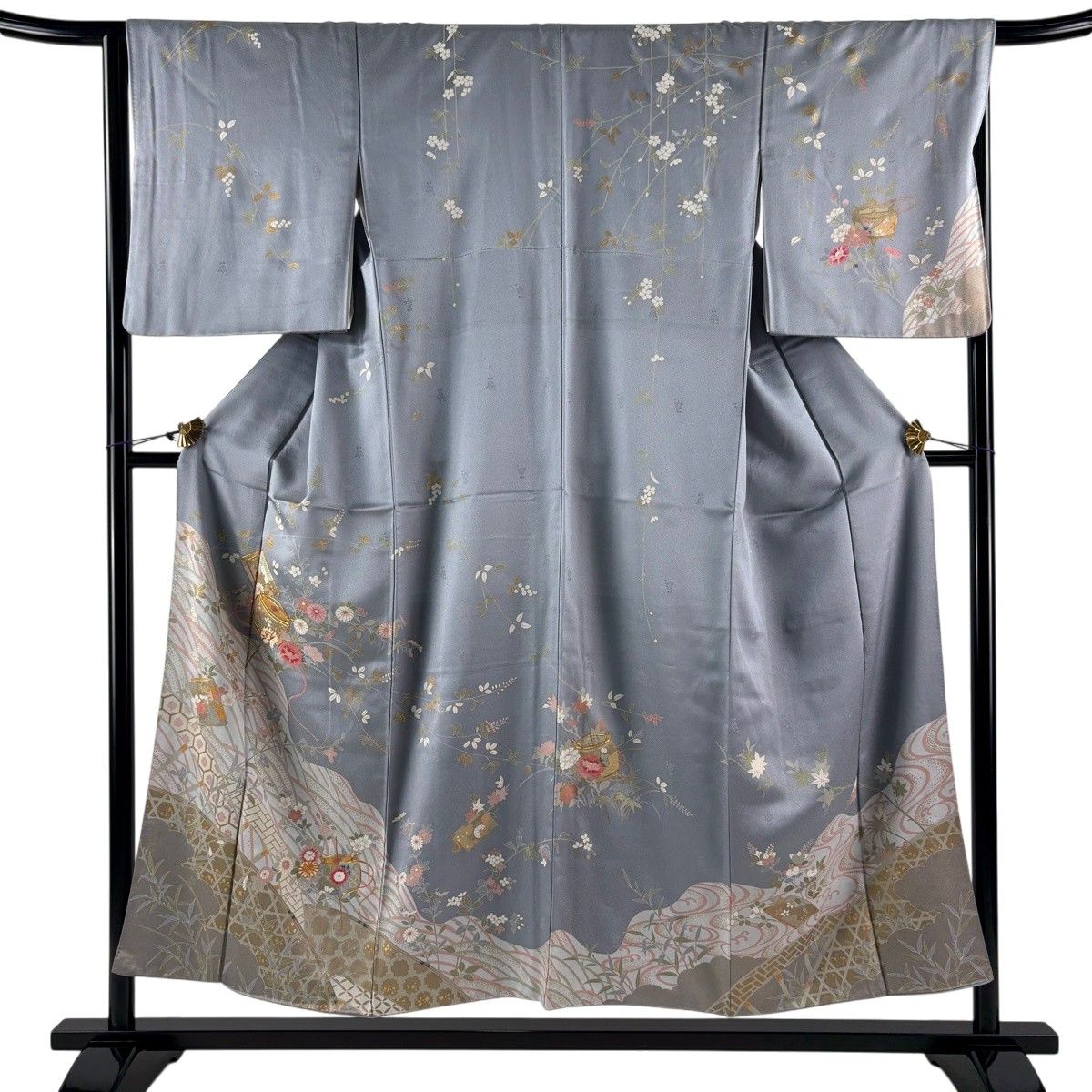訪問着 身丈152.5cm 裄丈66cm M 袷 糸巻き 秋草 金糸 金彩 灰色 正絹 秀品 【中古】