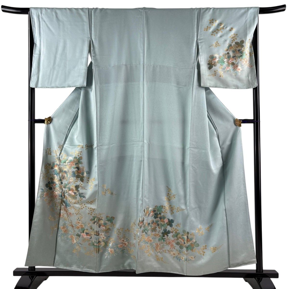 訪問着 身丈155.5cm 裄丈66cm M 袷 萩 枝花 金銀彩 ぼかし 薄緑 正絹 秀品 【中古】