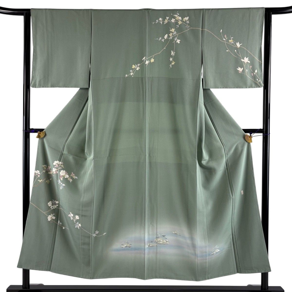 【美品】 付下げ 身丈150cm 裄丈62.5cm S 袷 落款 枝花 風景 ぼかし 灰緑 正絹 秀品 【中古】
