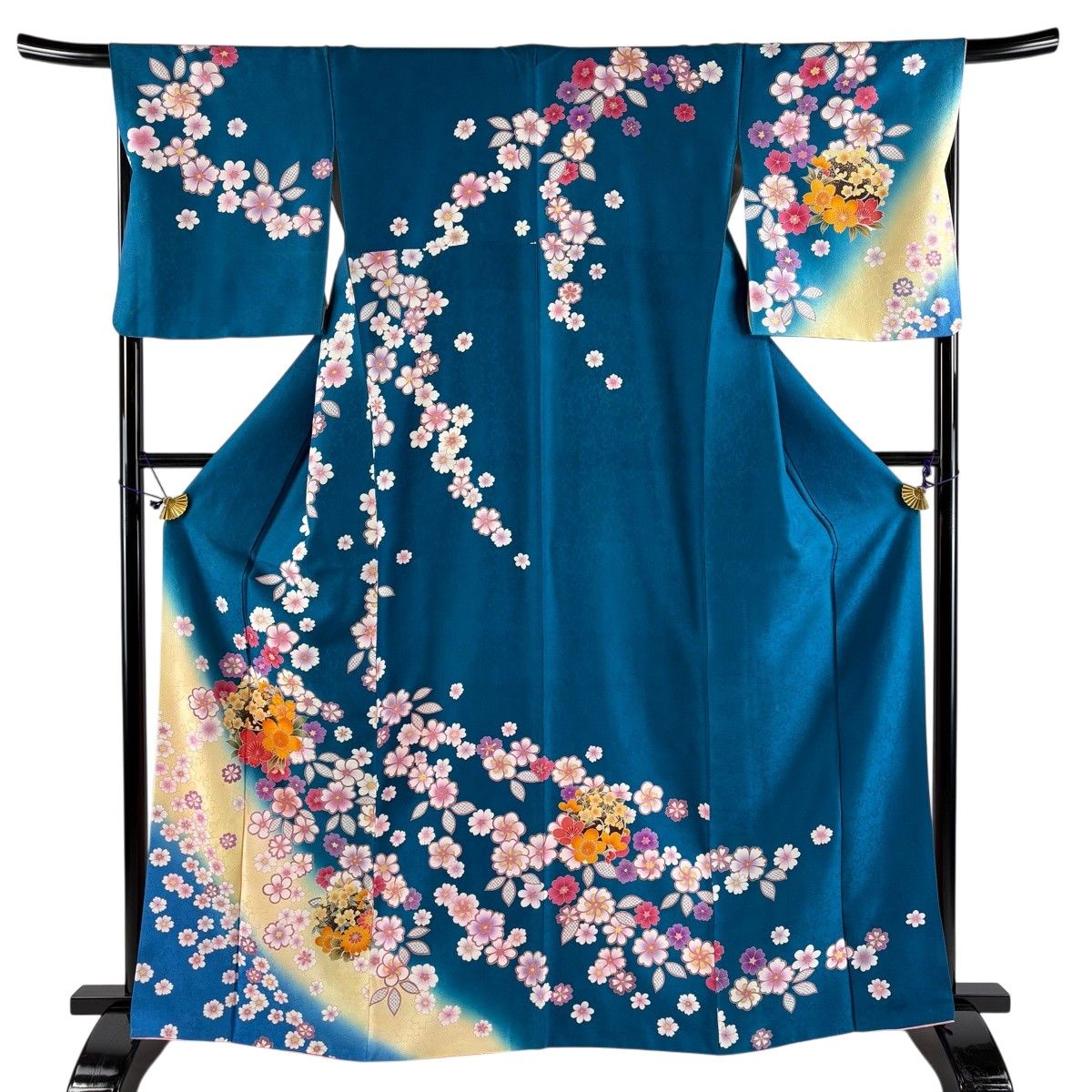訪問着 身丈164.5cm 裄丈68cm L 袷 花丸文 桜 箔 金彩 青緑 正絹 秀品 【中古】