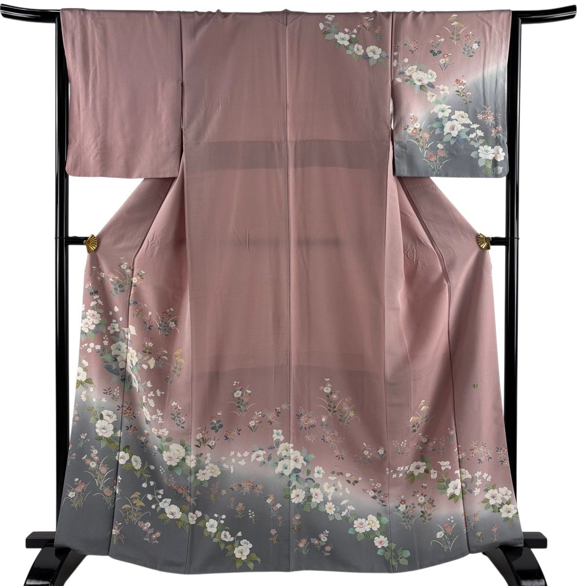 訪問着 身丈164.5cm 裄丈65.5cm M 袷 落款 草花 染め分け ぼかし ピンクベージュ 正絹 秀品 【中古】