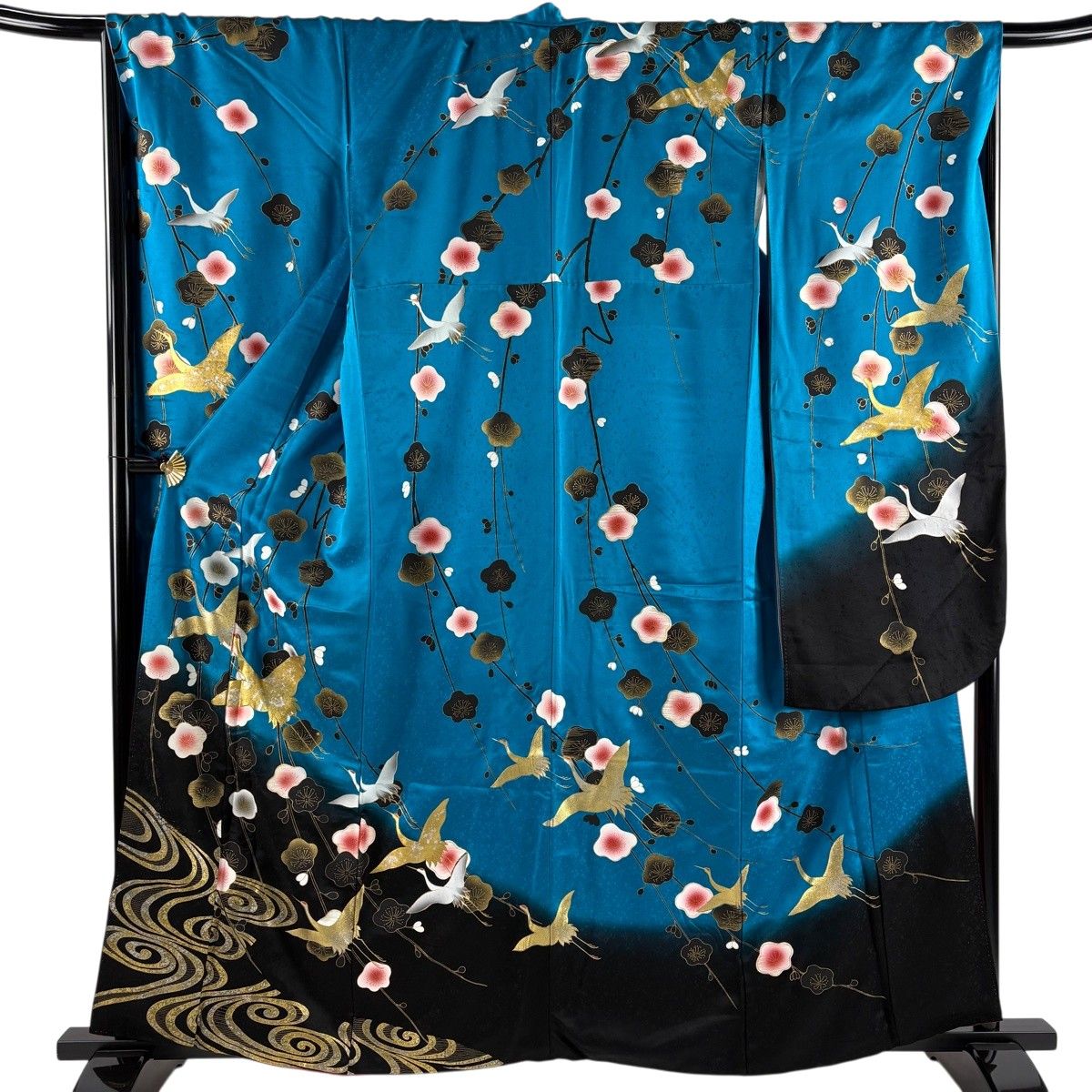 振袖 身丈157cm 裄丈69cm L 袷 鶴 枝梅 金銀彩 ぼかし 青緑 正絹 秀品 【中古】