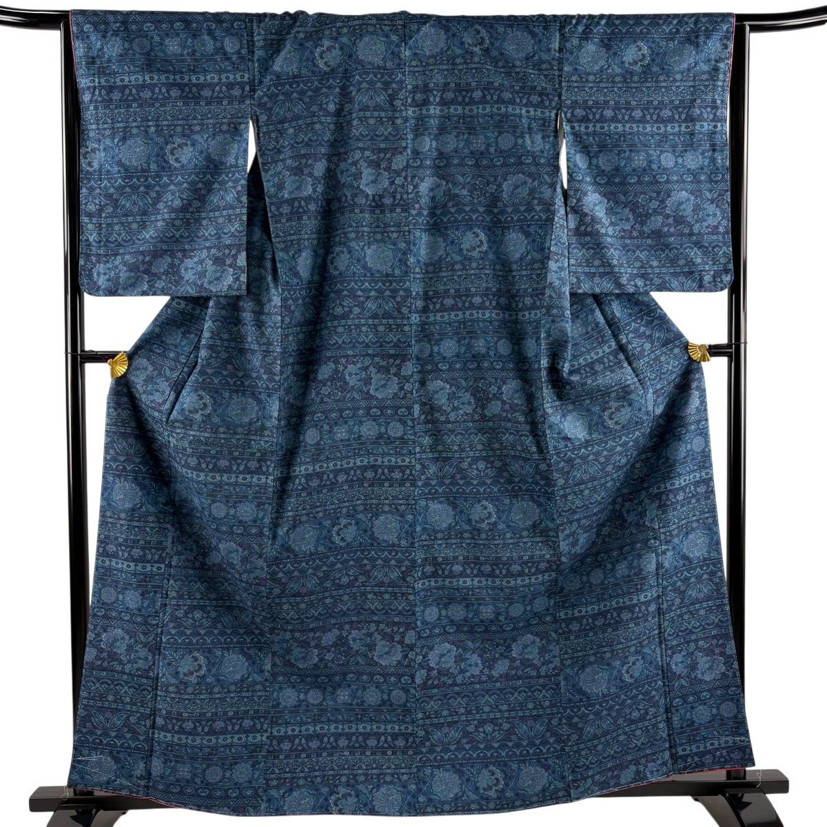【美品】 小紋 身丈162cm 裄丈65cm M 袷 紬地 横段 草花 藍色 正絹 秀品 【中古】 7,252円