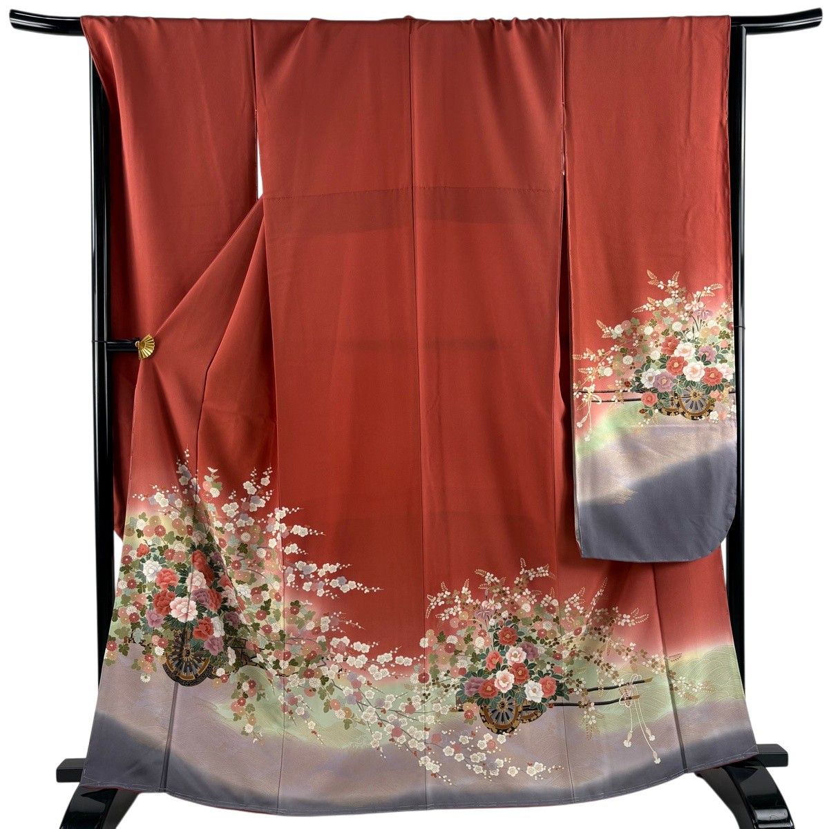振袖 身丈164.5cm 裄丈68cm L 袷 花車 波 金彩 染め分け 茜色 正絹 秀品 【中古】