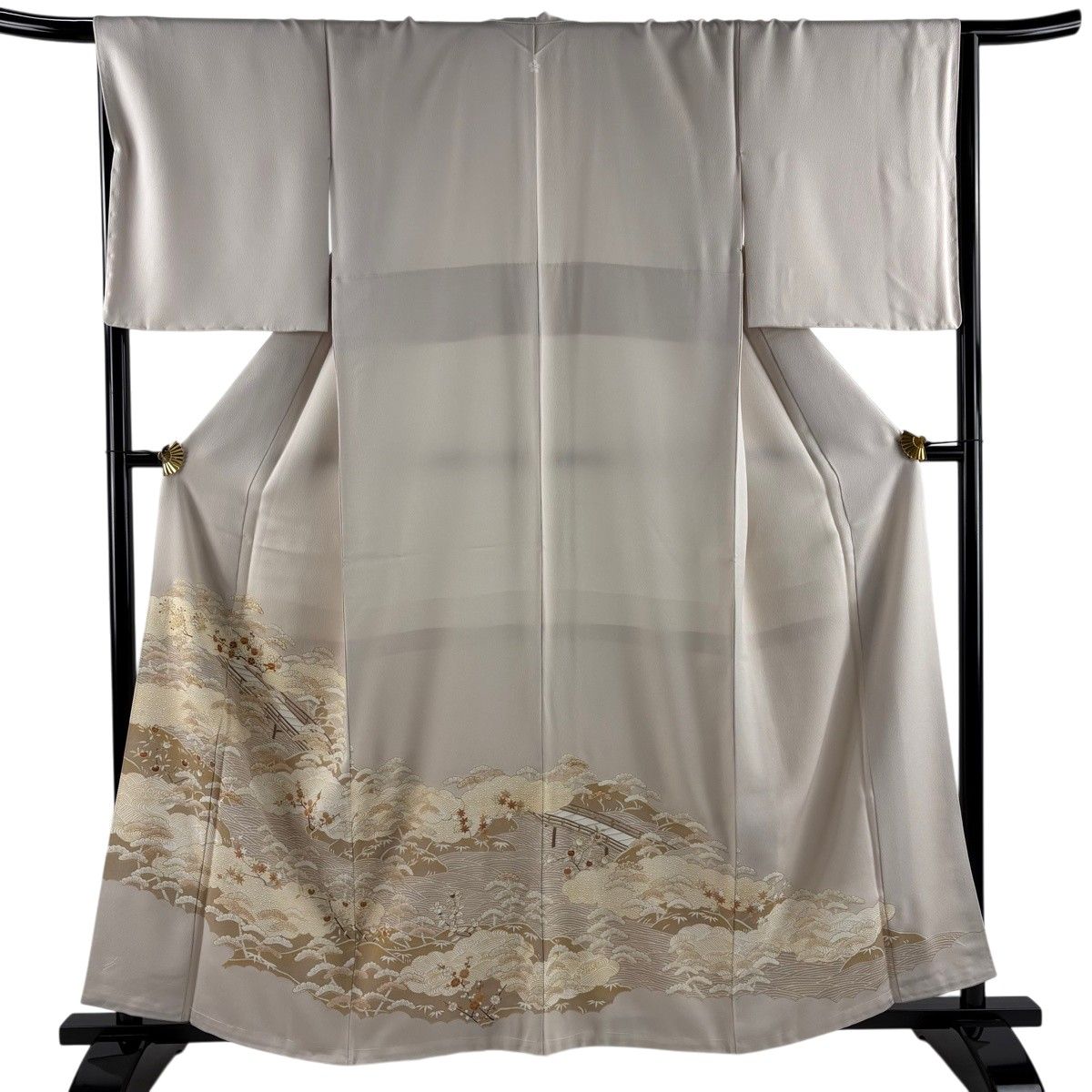 色留袖 身丈160cm 裄丈65.5cm M 袷 松竹梅 橋 金糸 金彩 小豆色 正絹 秀品 一つ紋 【中古】