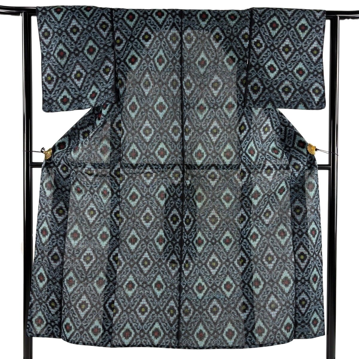 【美品】 浴衣 身丈150cm 裄丈61cm S 菱 幾何学 墨色 綿 秀品 【中古】
