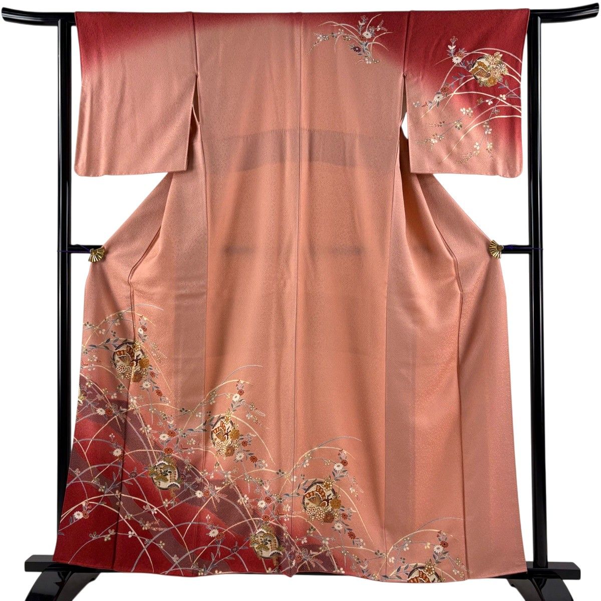 【美品】 訪問着 身丈157.5cm 裄丈63cm S 袷 蝶 草花 金彩 ぼかし サーモンピンク 正絹 秀品 【中古】