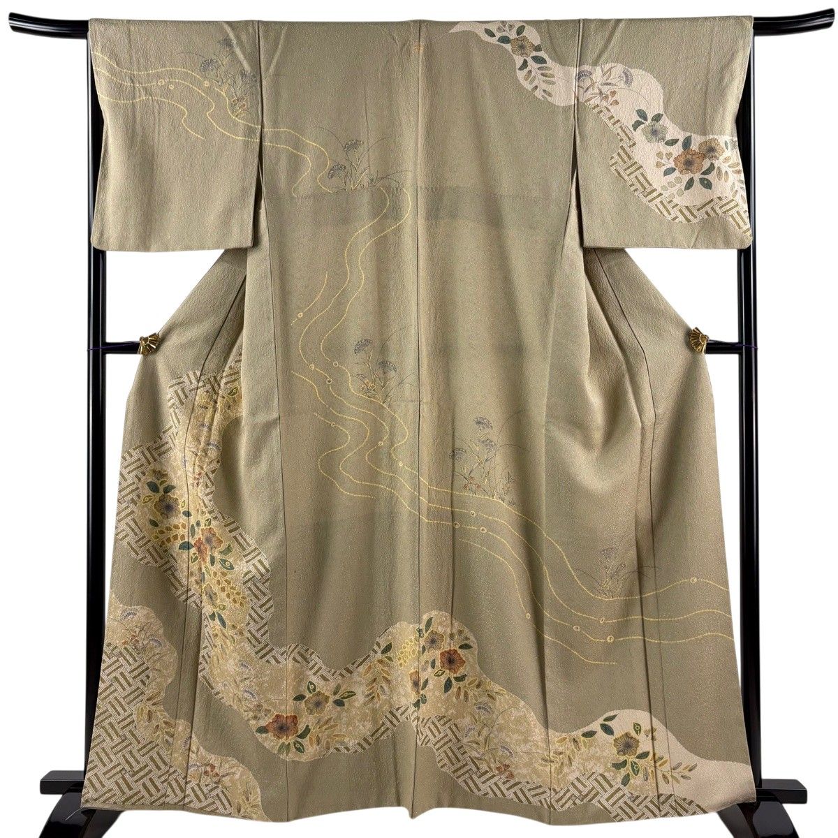 訪問着 身丈161cm 裄丈66.5cm M 袷 霞 辻が花柄 銀通し 灰緑 正絹 秀品 一つ紋 【中古】
