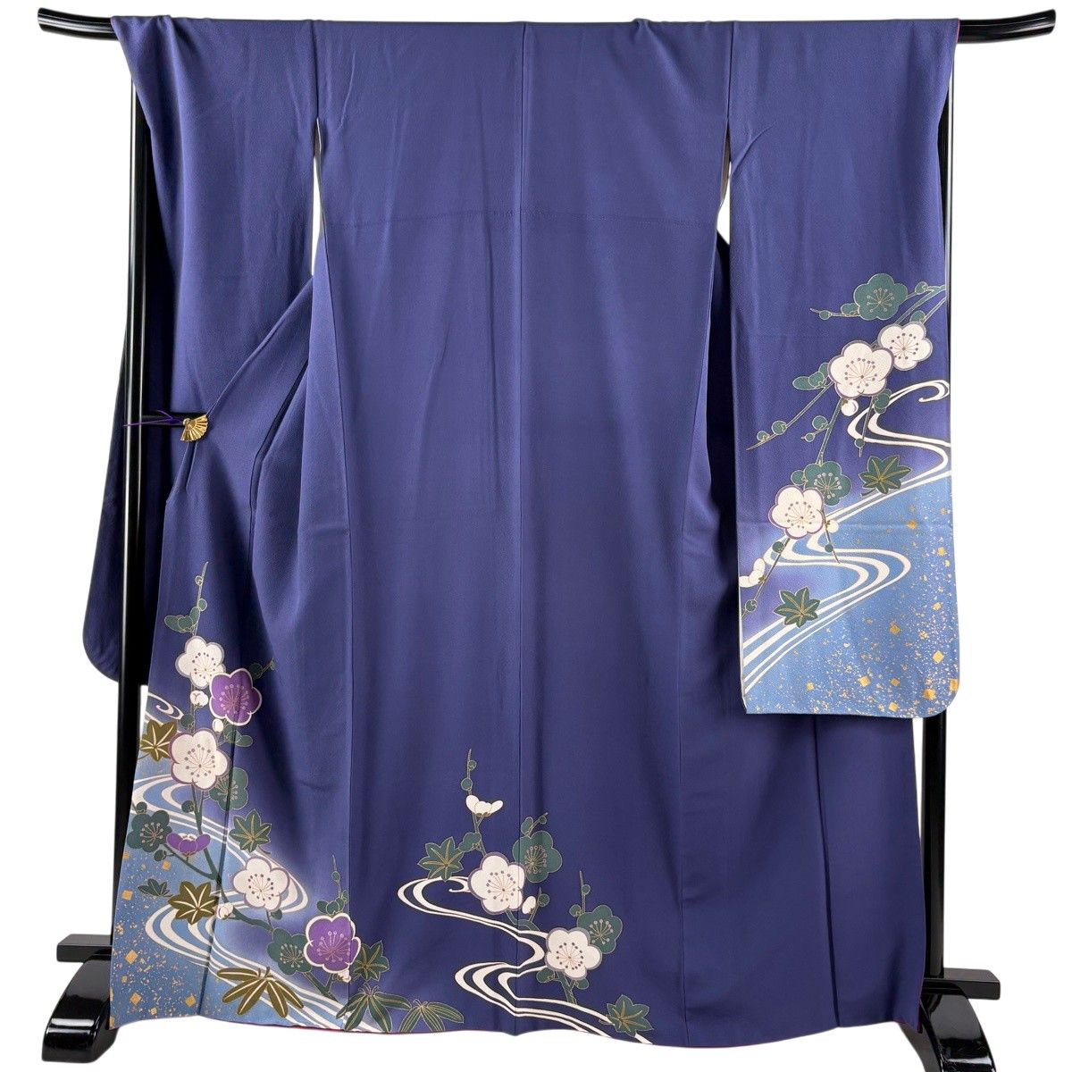 振袖 身丈165cm 裄丈71cm L 袷 枝梅 流水 金彩 ぼかし 青紫 正絹 秀品 【中古】