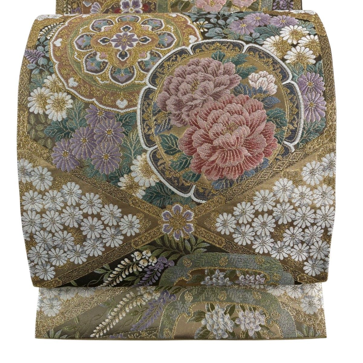 【美品】 袋帯 秀品 華文 牡丹 金糸 箔 茶緑色 六通 正絹 【中古】