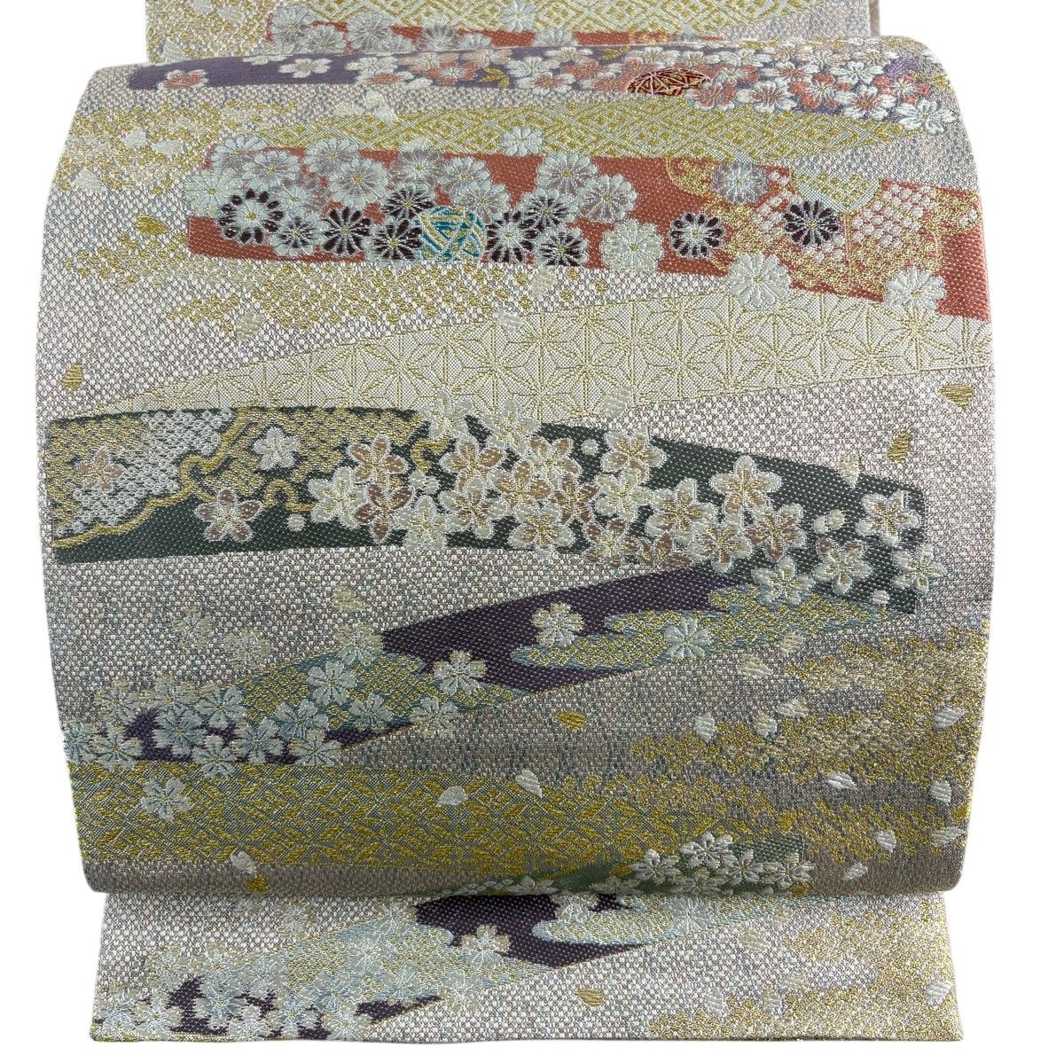 【美品】 袋帯 秀品 やまと 桜 菊 金糸 箔 薄ピンク 六通 正絹 【中古】