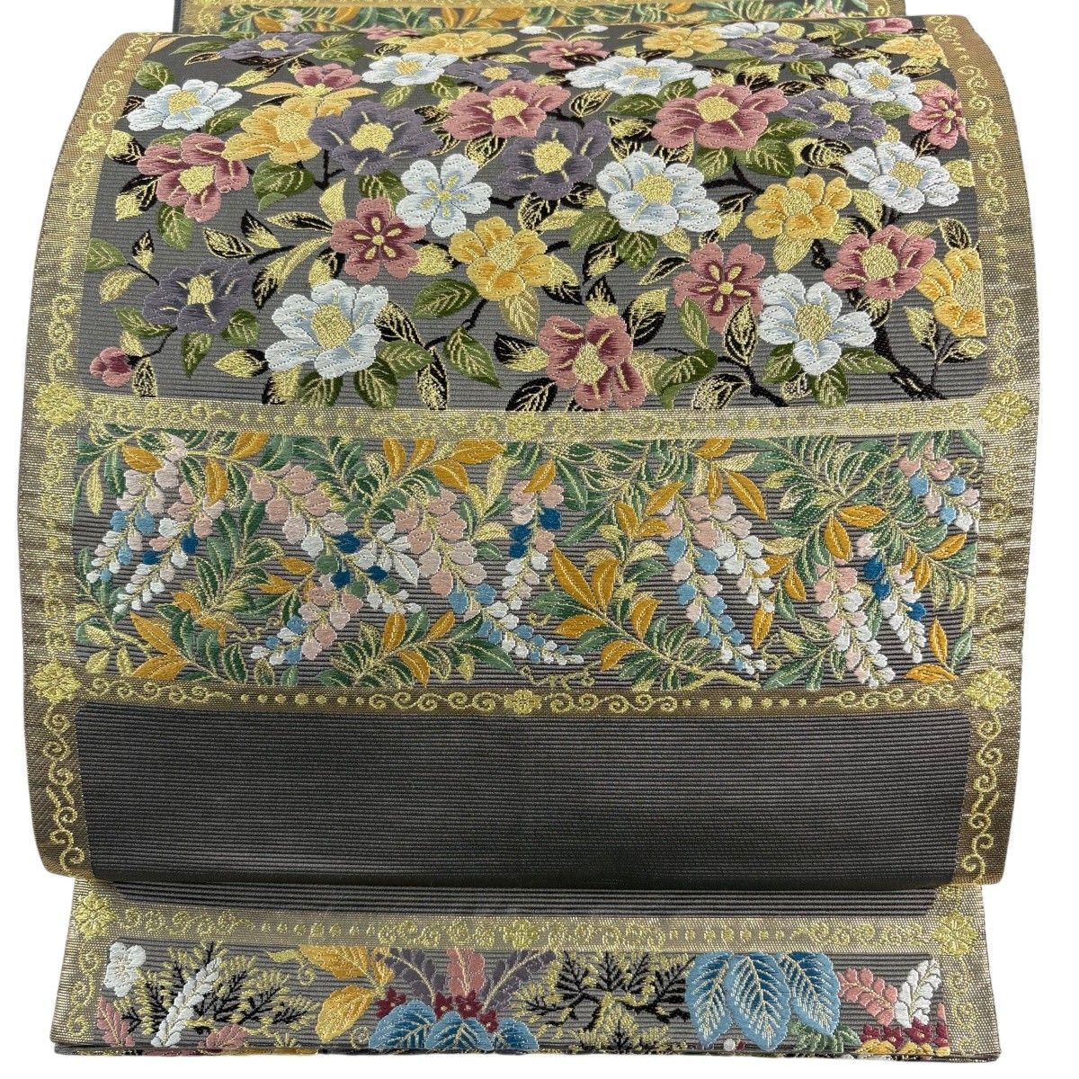 【美品】 袋帯 秀品 草花 椿 金糸 箔 灰茶 六通 正絹 【中古】