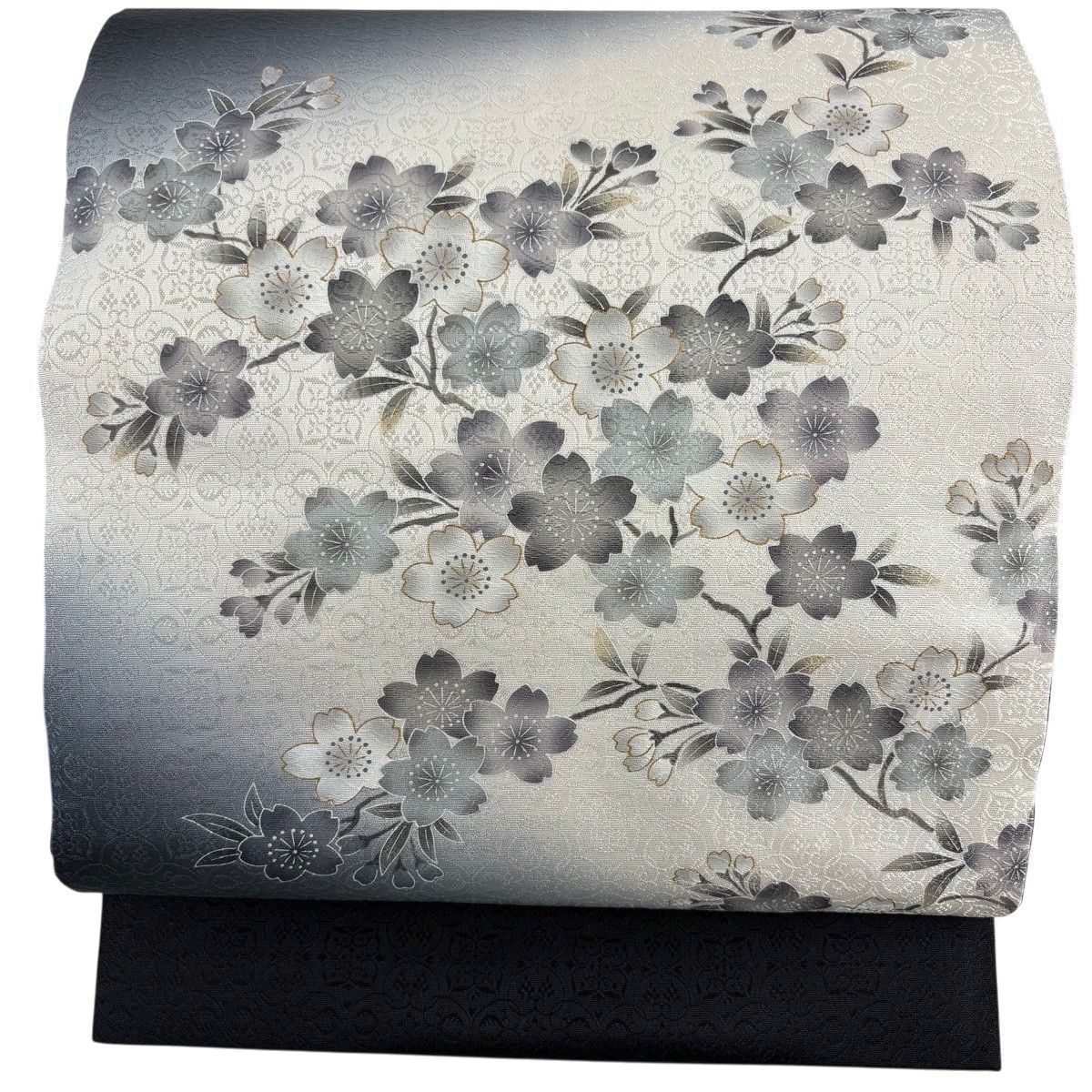 【美品】 名古屋帯 秀品 桜 金彩 ぼかし 黒 正絹 【中古】