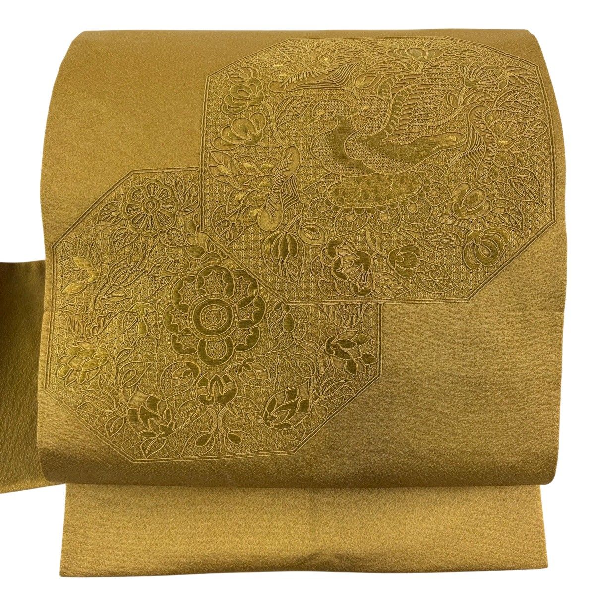【美品】 名古屋帯 秀品 鳥 草花 刺繍 黄土色 正絹 【中古】