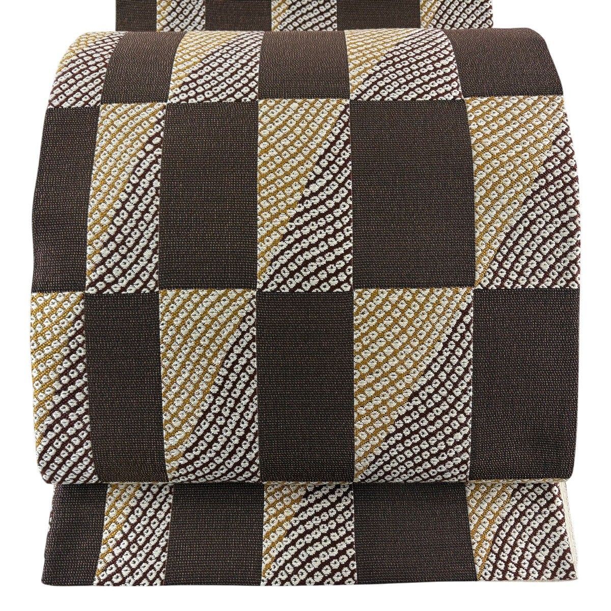【美品】 袋名古屋帯 秀品 やまと 変わり市松 鹿子 茶色 正絹 【中古】