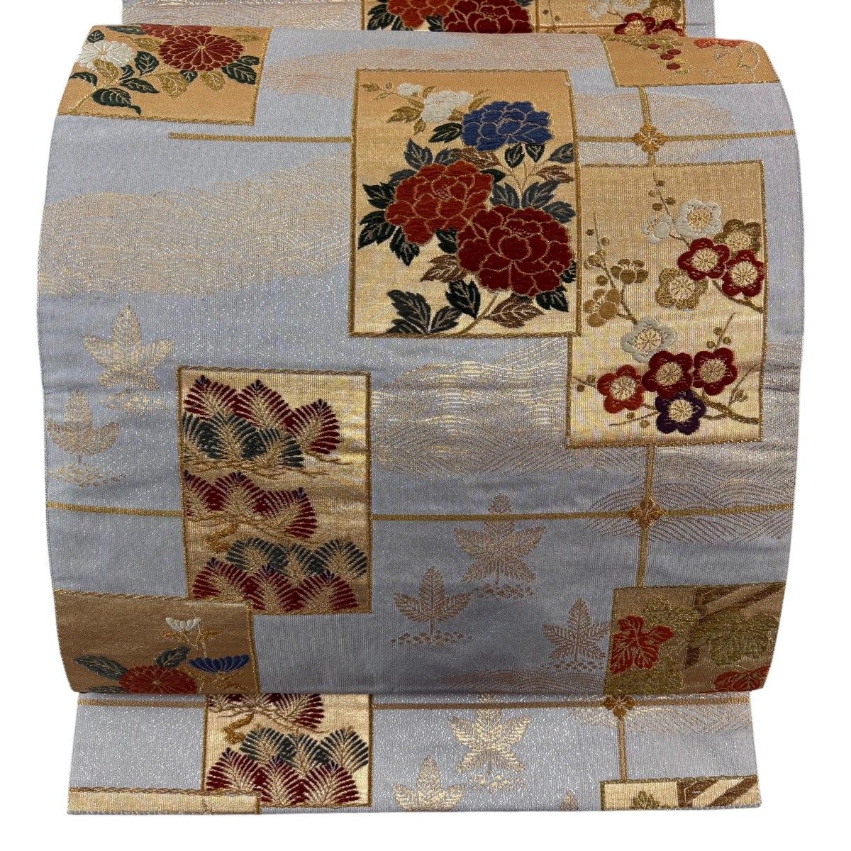 【美品】 袋帯 秀品 牡丹 梅 金糸 箔 灰色 六通 正絹 【中古】