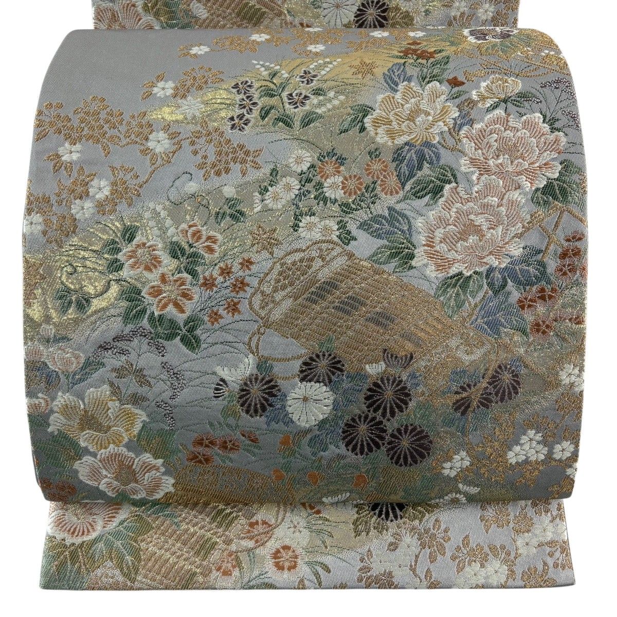 【美品】 袋帯 秀品 草花 霞 金糸 箔 灰紫 六通 正絹 【中古】