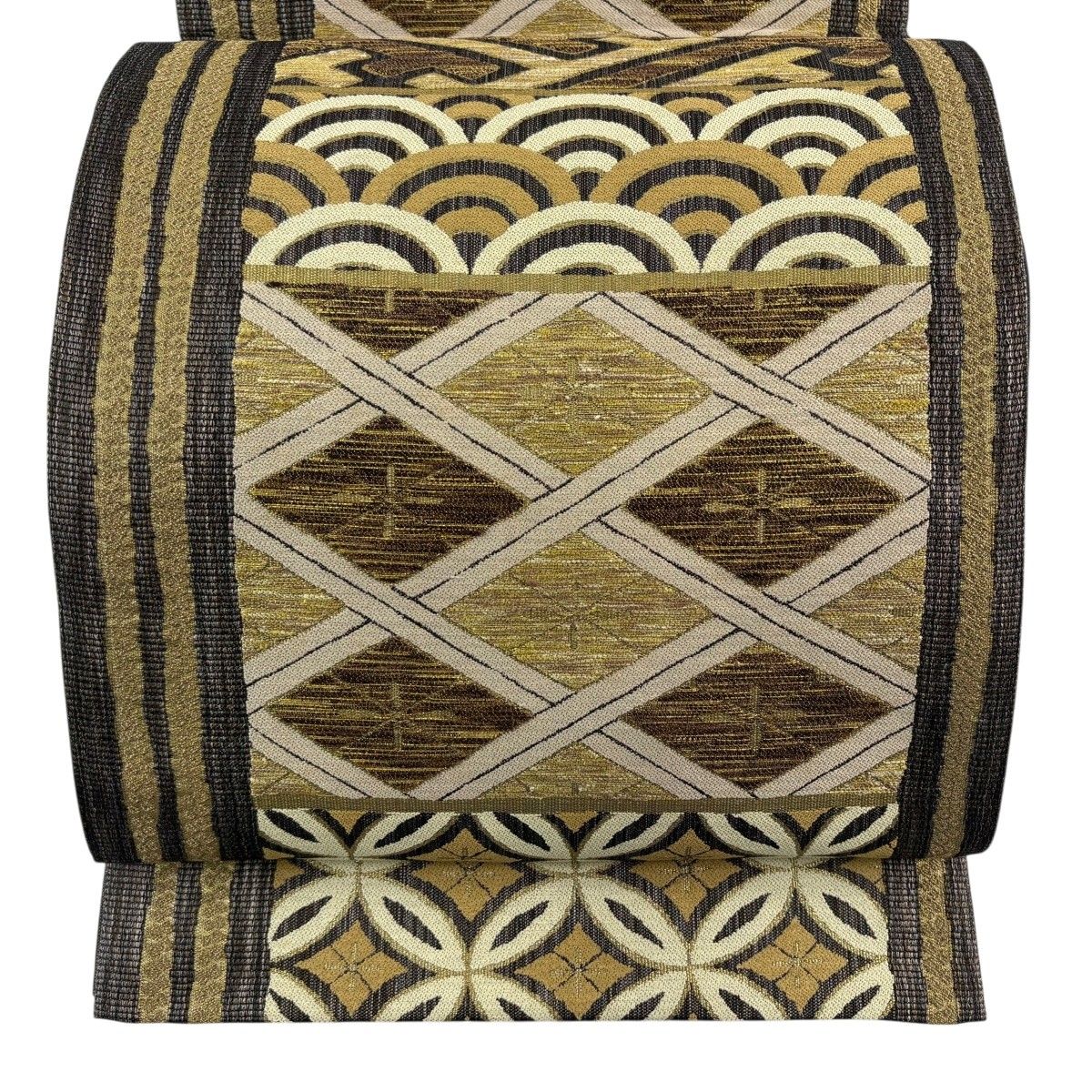 【美品】 袋帯 秀品 七宝 菱 箔 茶色 六通 正絹 【中古】